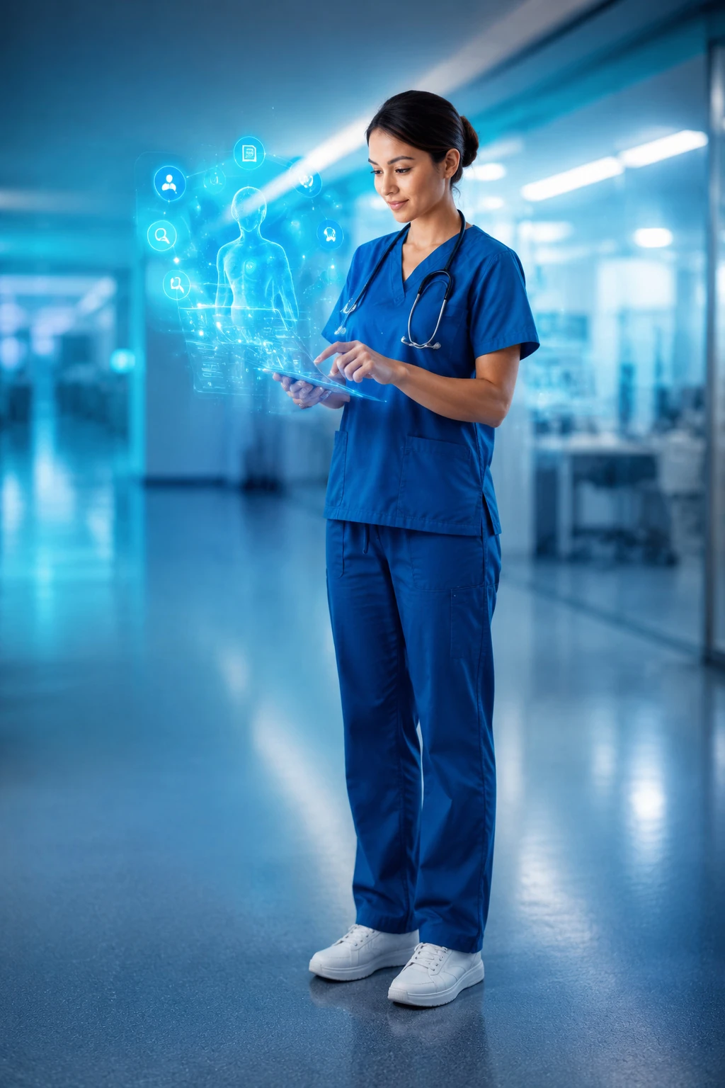 Nurse using a tablet with holographic clinical data
