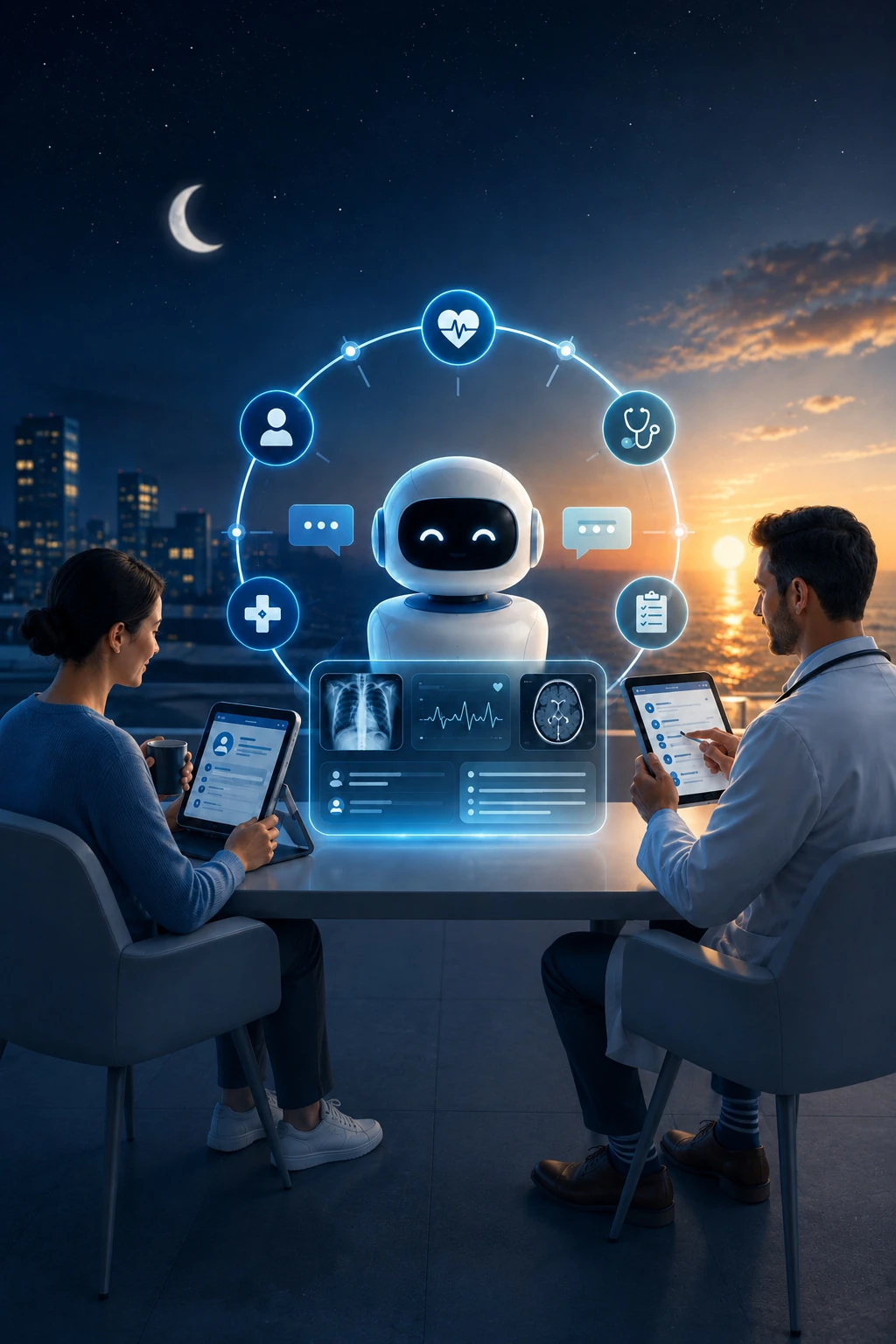 AI assistant helping a patient and doctor at night