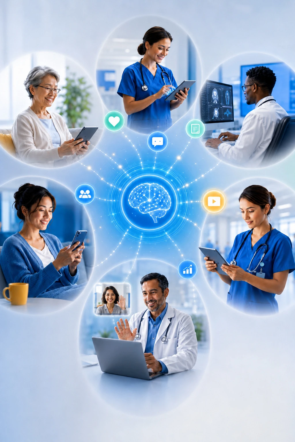 Care team collaborating around a central AI hub